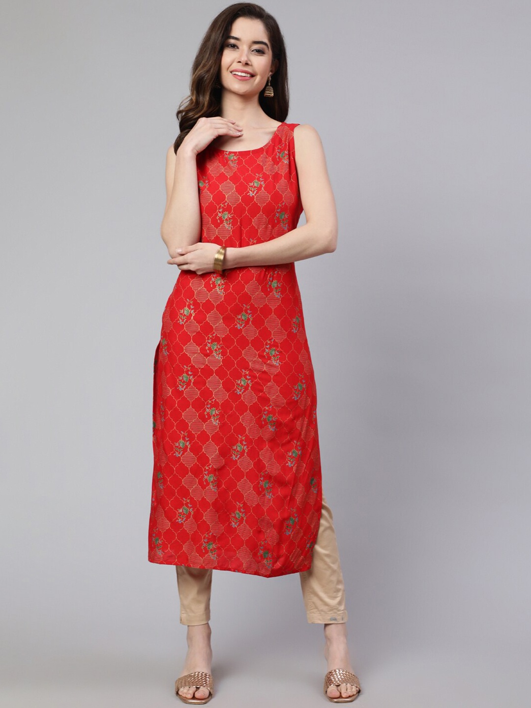 

SAK JAIPUR Floral Printed Sleeveless Straight Kurta, Red