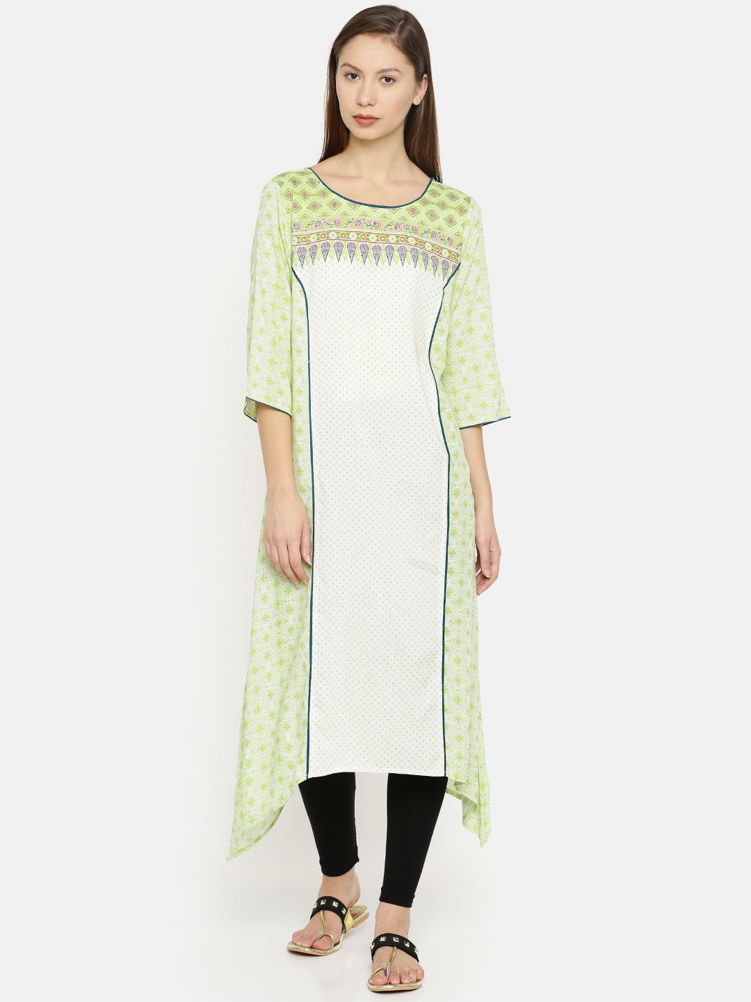 

AURELIA Women Green & White Printed A-Line Asymmetric Kurta
