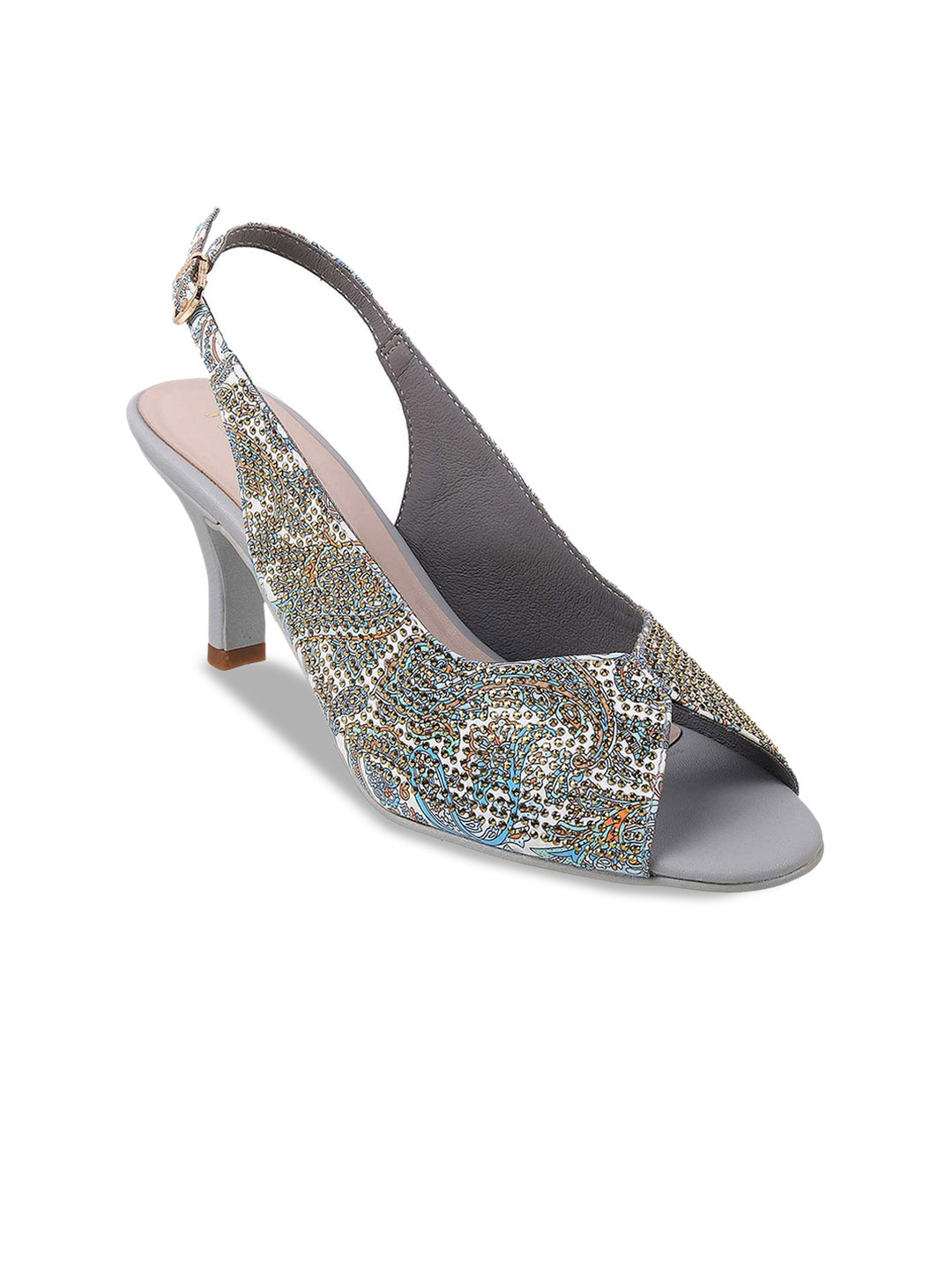 

Metro Embellished Slim Peep Toes With Buckles, Grey