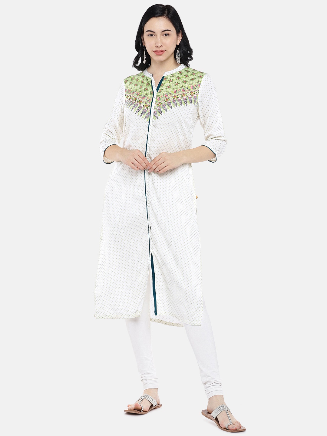 

AURELIA Women White & Green Yoke Design Straight Kurta