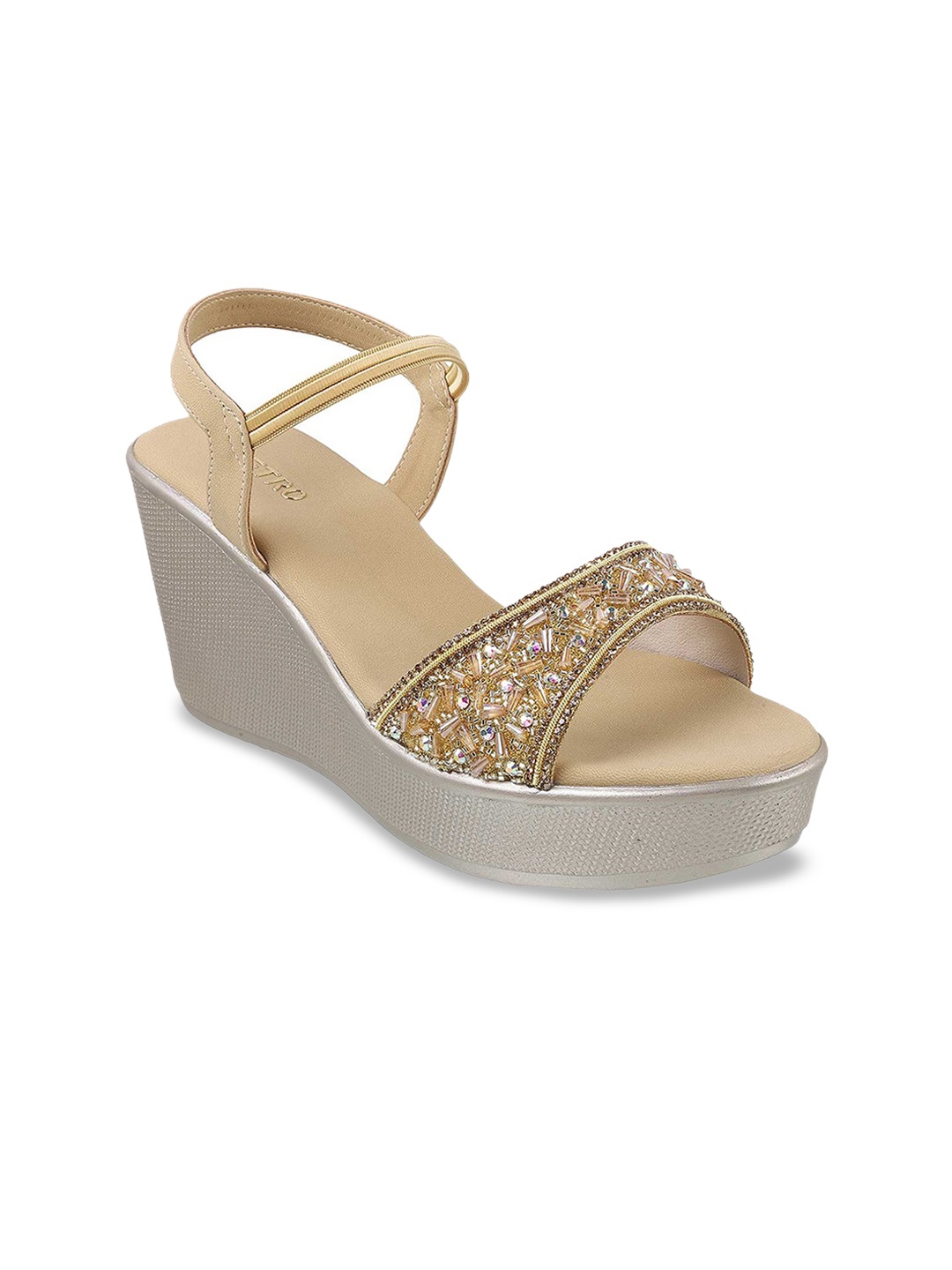 

Metro Embellished Open Toe Wedges With Backstrap, Gold