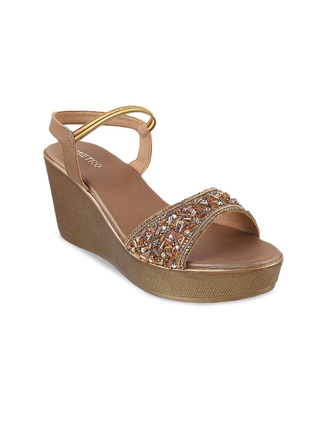 

Metro Embellished Open Toe Wedges With Backstrap, Gold