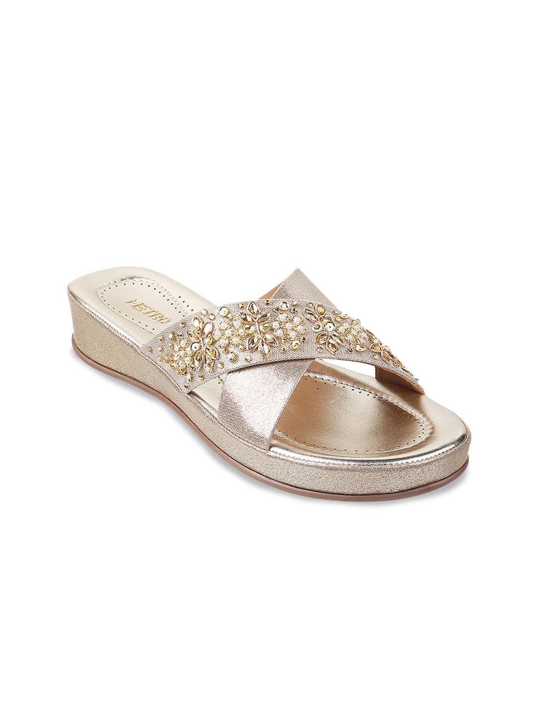 

Metro Cross Strap Embellished Comfort Heels, Gold