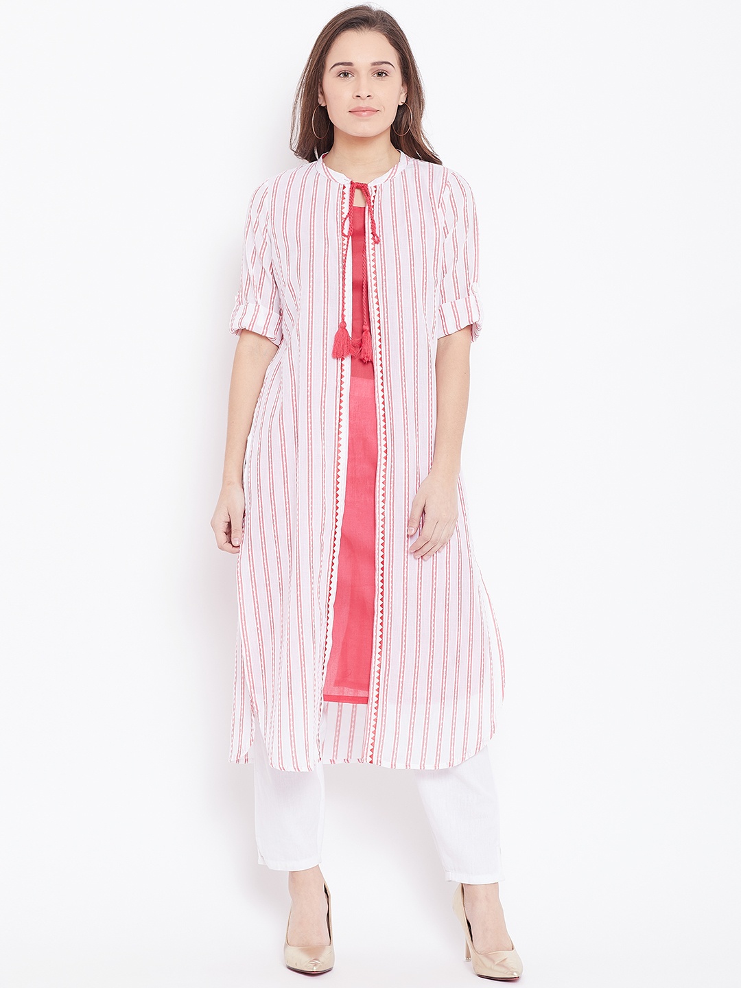 

AURELIA Women Red & White Solid Layered Straight Kurta