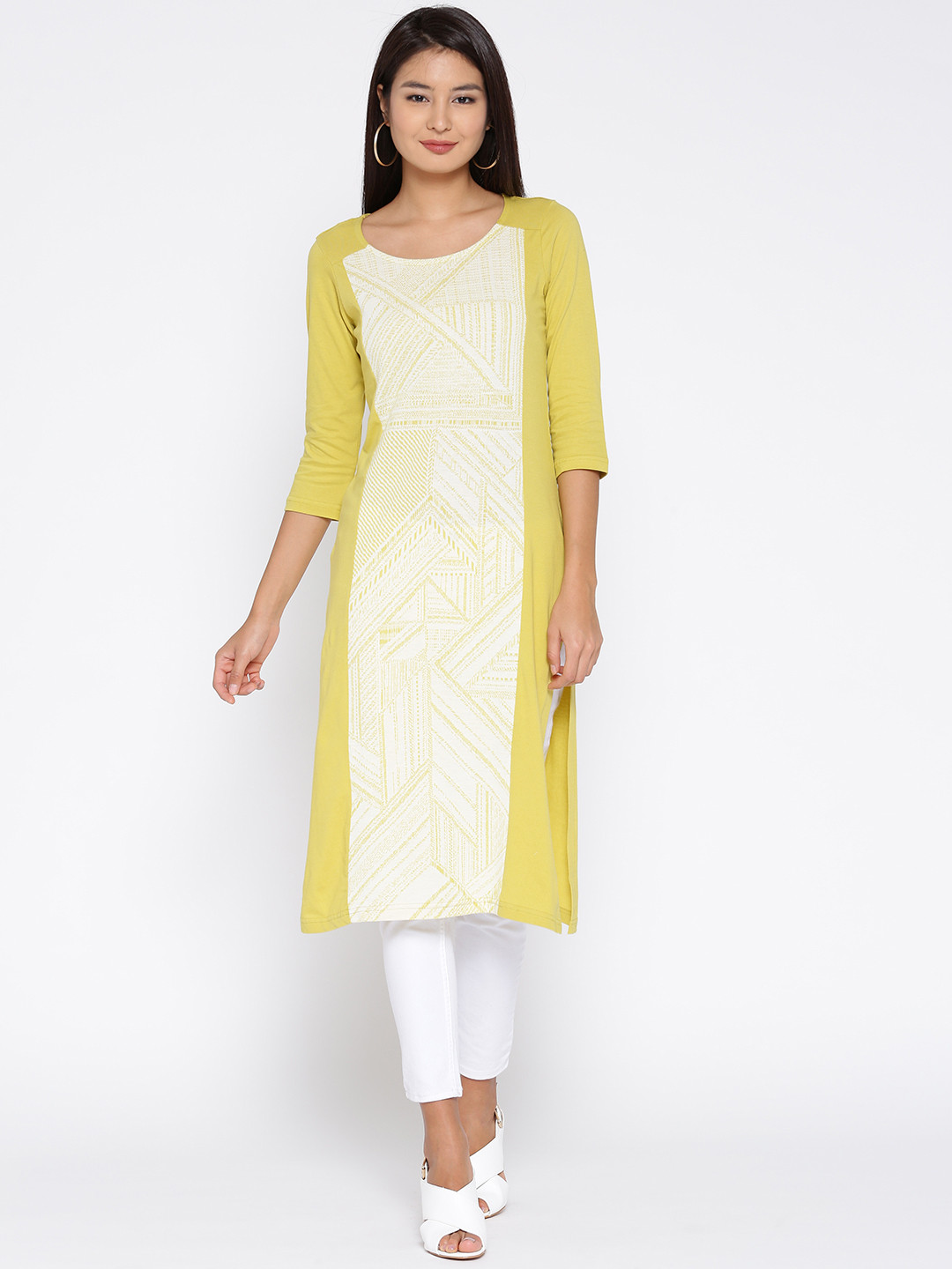 

AURELIA Women Lemon Yellow & White Self-Design Straight Kurta