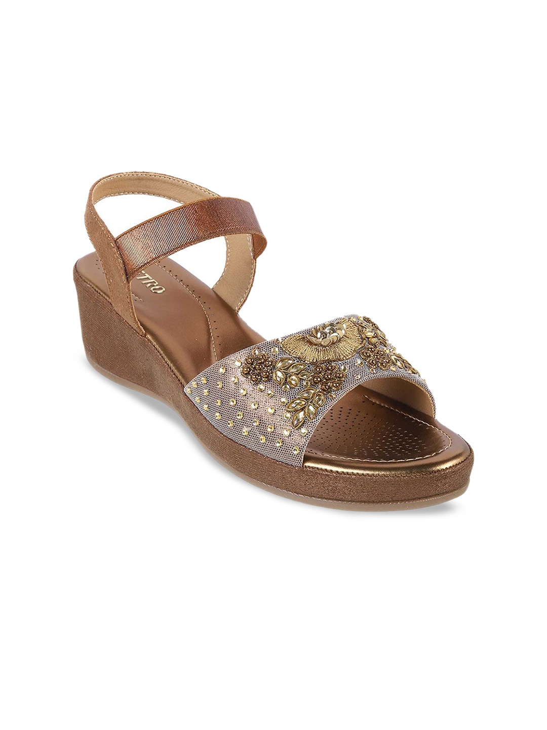 

Metro Embellished Open Toe Wedges With Backstrap, Gold