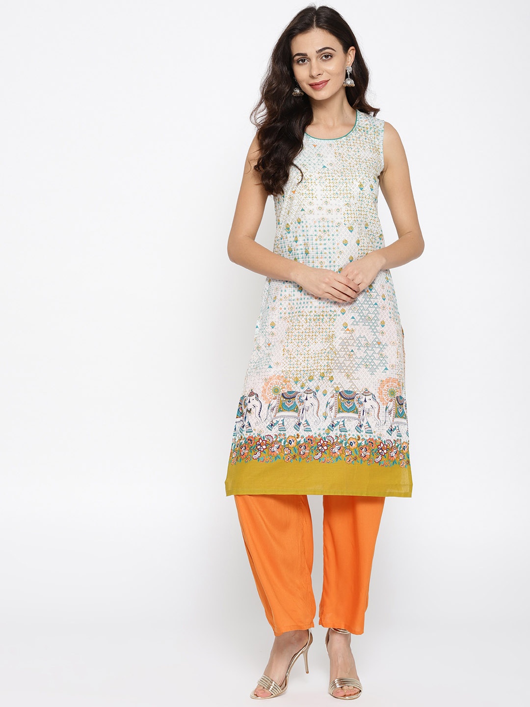 

AURELIA Women White & Green Printed Straight Kurta