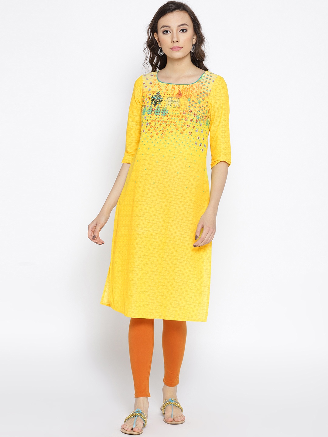 

AURELIA Women Yellow Printed Straight Kurta