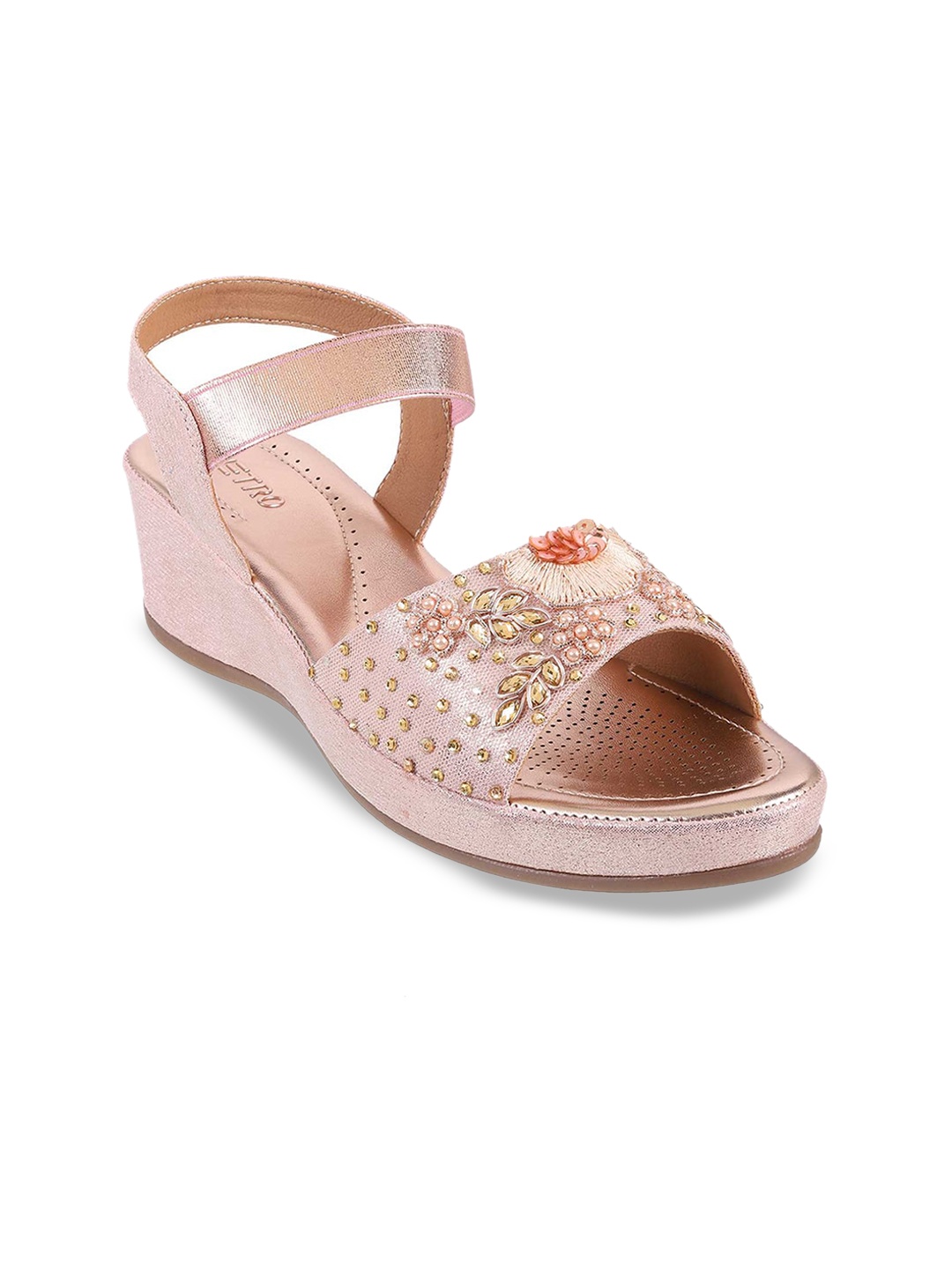 

Metro Embellished Open Toe Wedges With Backstrap, Pink