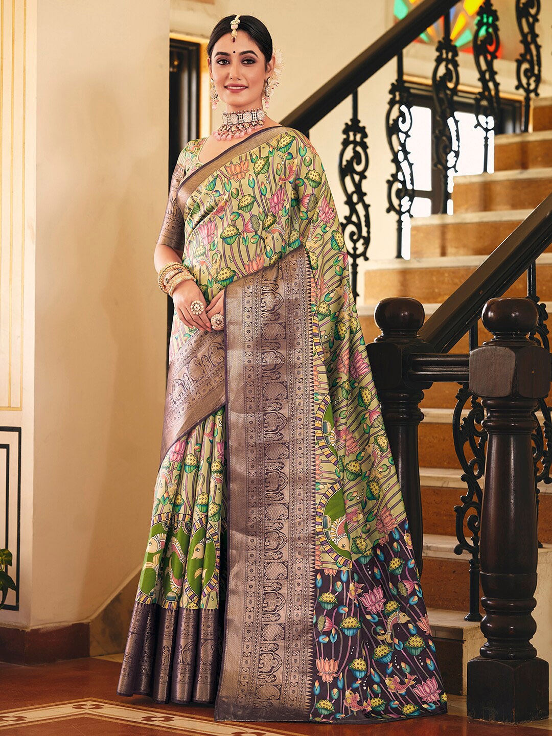 

Mitera Brown & Green Floral Printed Zari Banarasi Saree