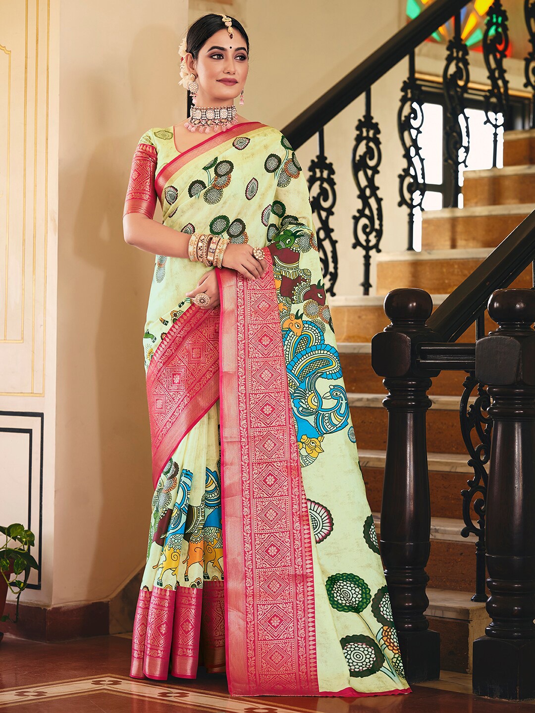 

Mitera Green & Pink Floral Printed Zari Banarasi Saree