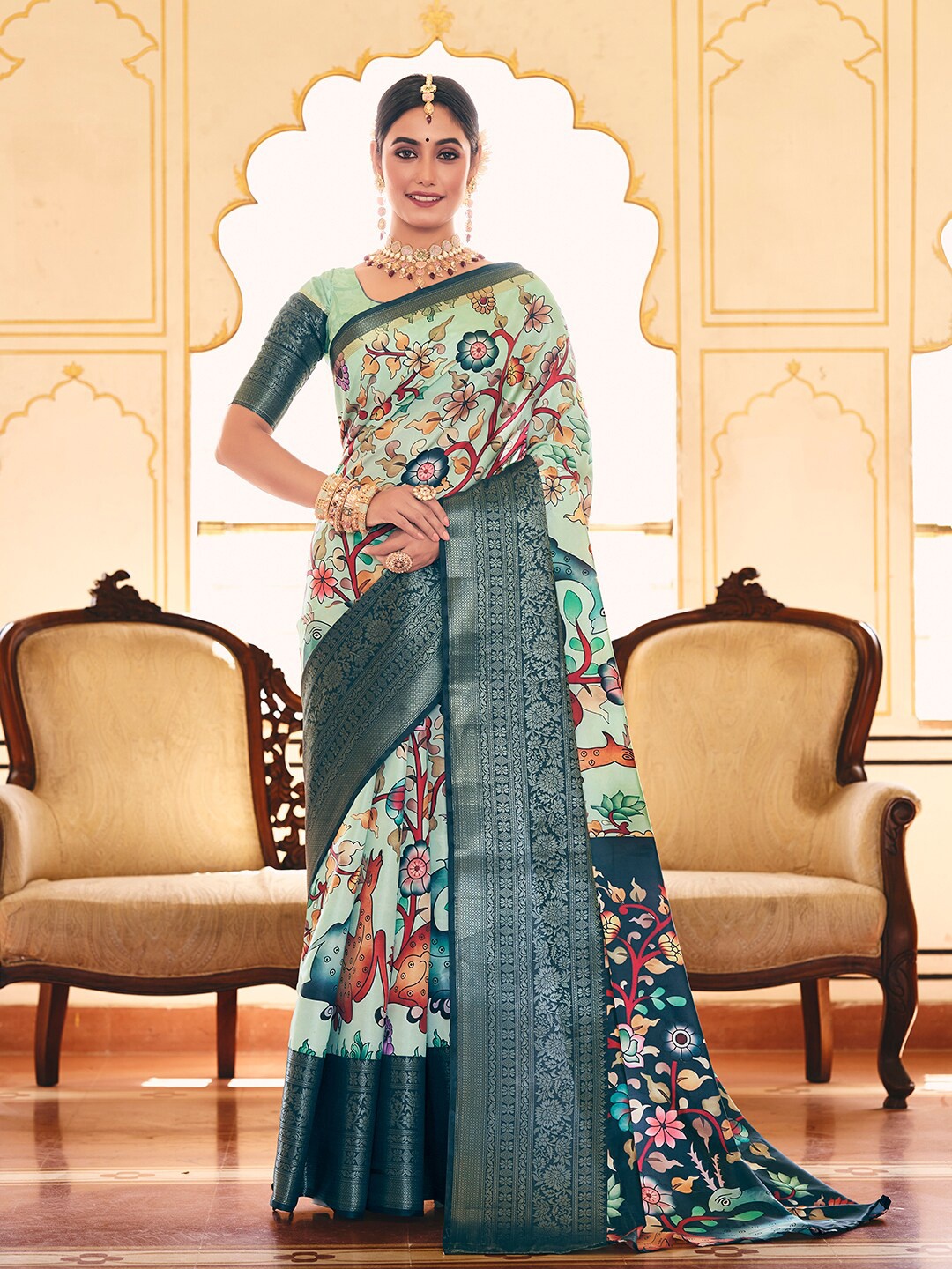 

Mitera Turquoise Blue & Red Floral Printed Zari Banarasi Saree