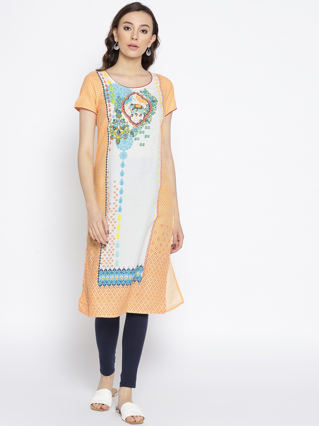 

AURELIA Women Coral Orange & White Printed Straight Kurta