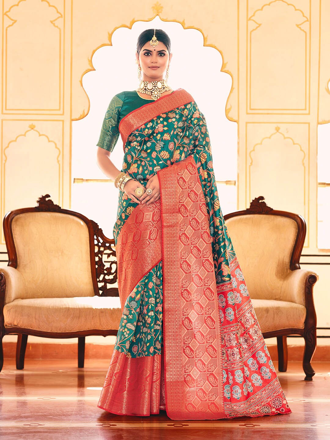 

Mitera Sea Green Floral Printed Zari Banarasi Saree