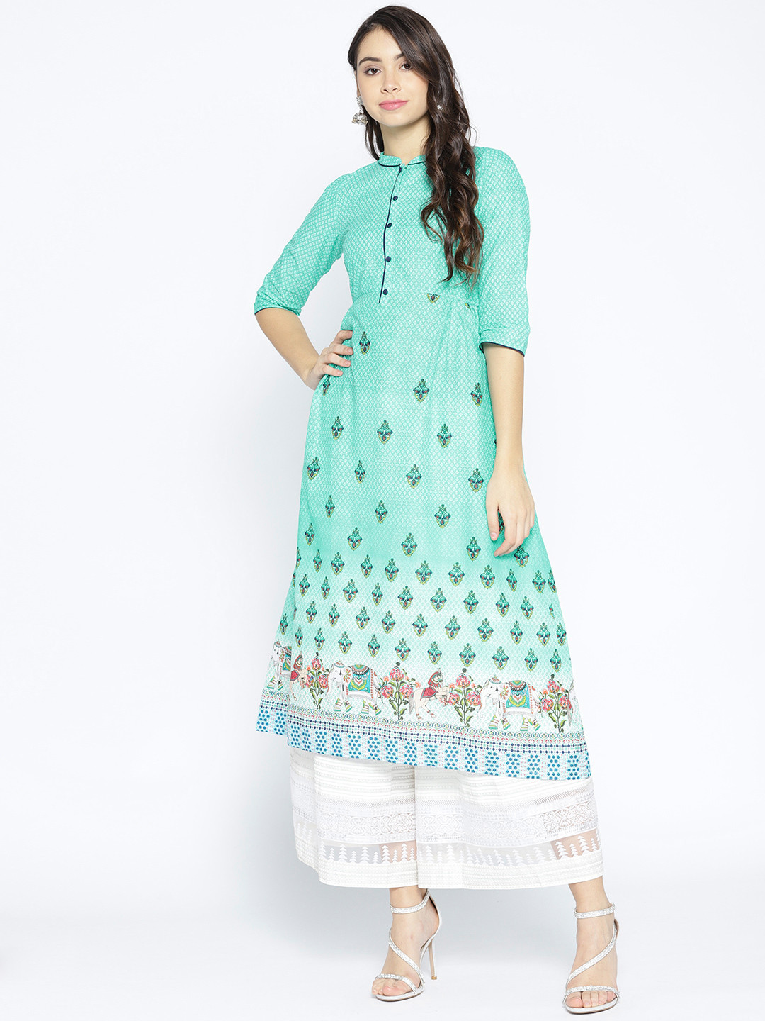 

AURELIA Women Sea Green & White Printed A-Line Kurta