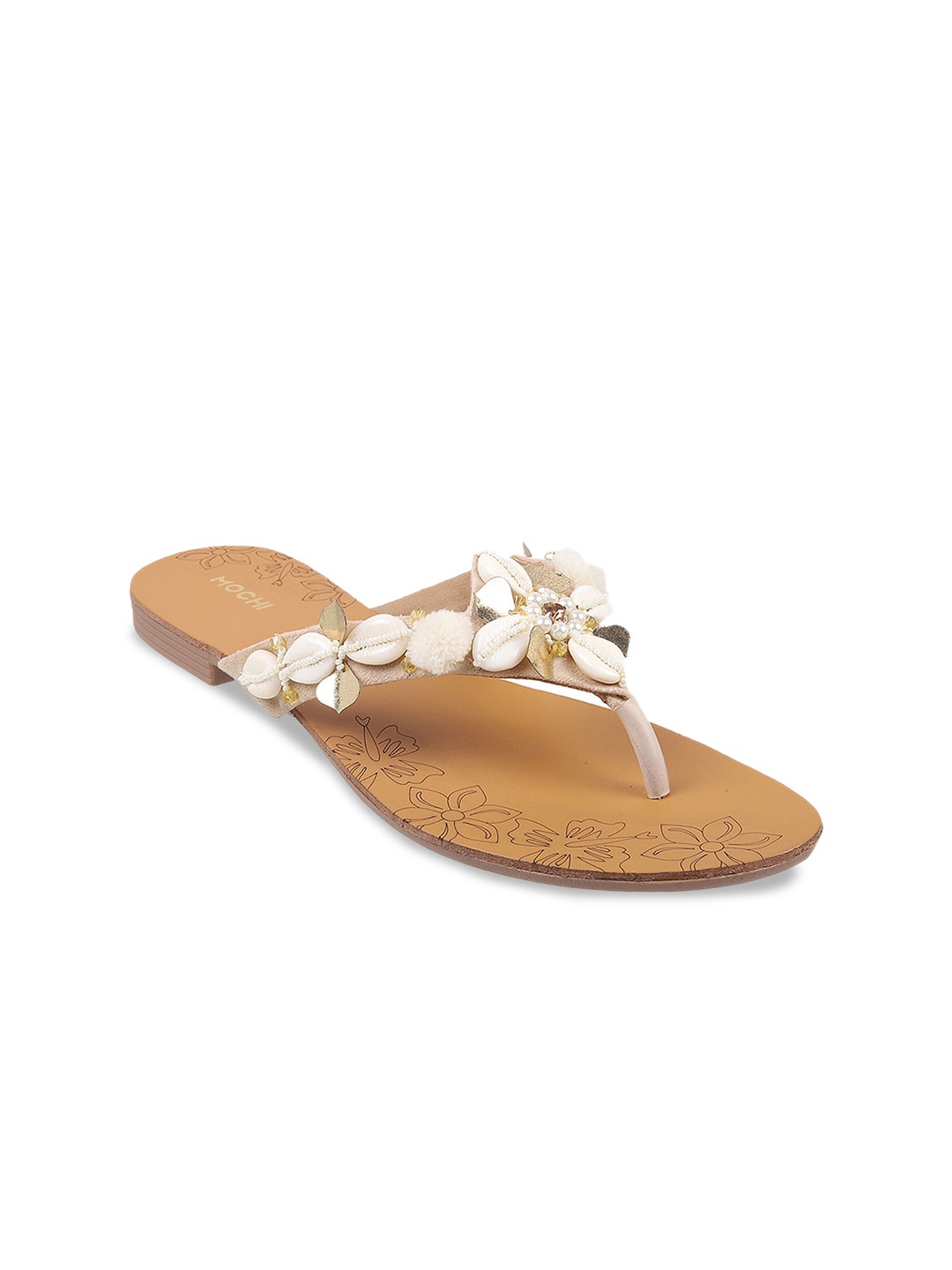 

Mochi Women Gold-Toned Embellished Open Toe Flats, White
