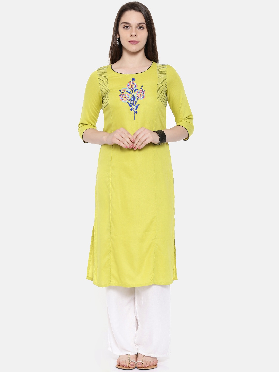 

AURELIA Women Lime Green Yoke Design Straight Kurta