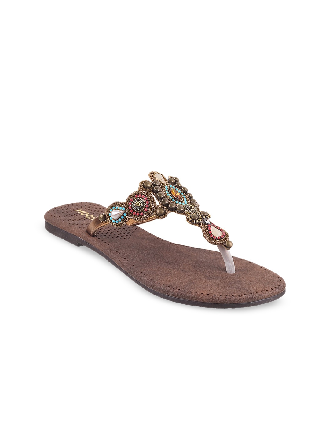 

Mochi Embellished T-Strap Flats, Brown