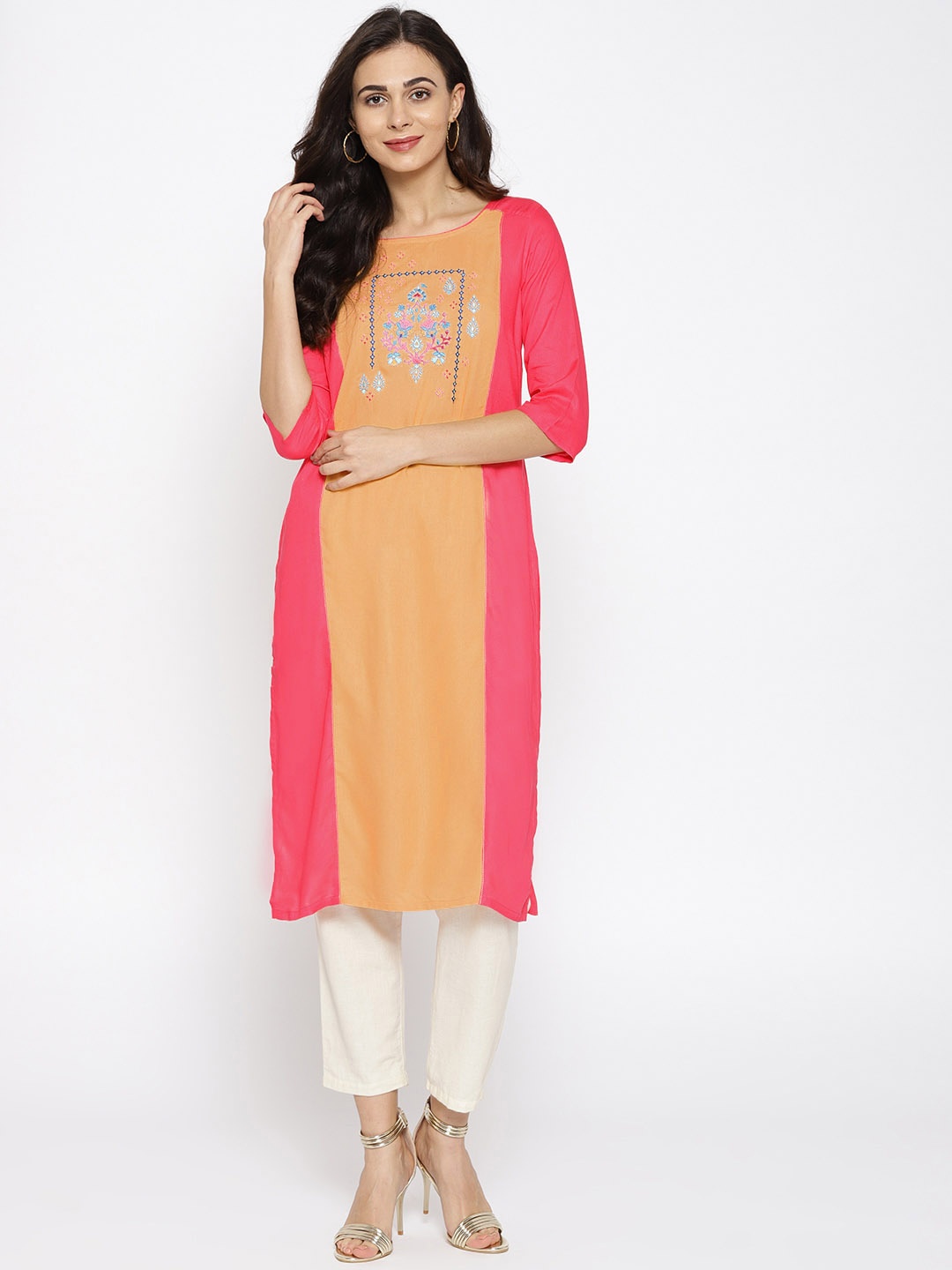 

AURELIA Women Pink & Yellow Colourblocked Straight Kurta