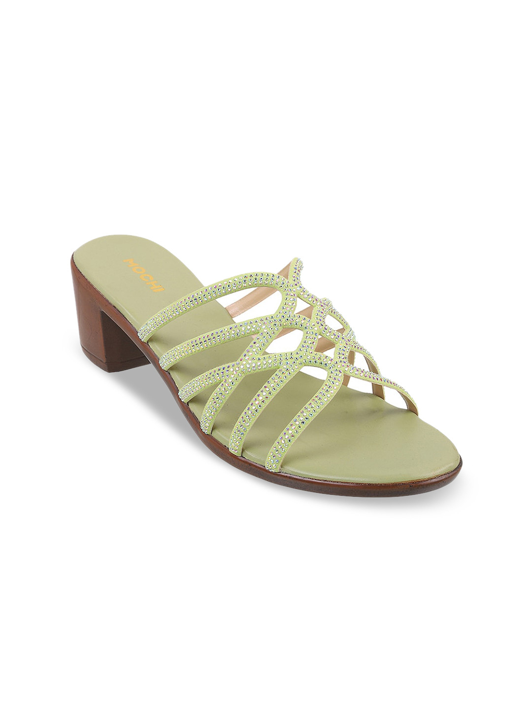 

Mochi Embellished Open Toe Party Block Heels, Green