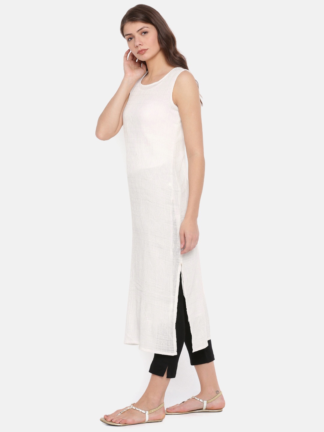 

AURELIA Women White Woven Design Straight Kurta