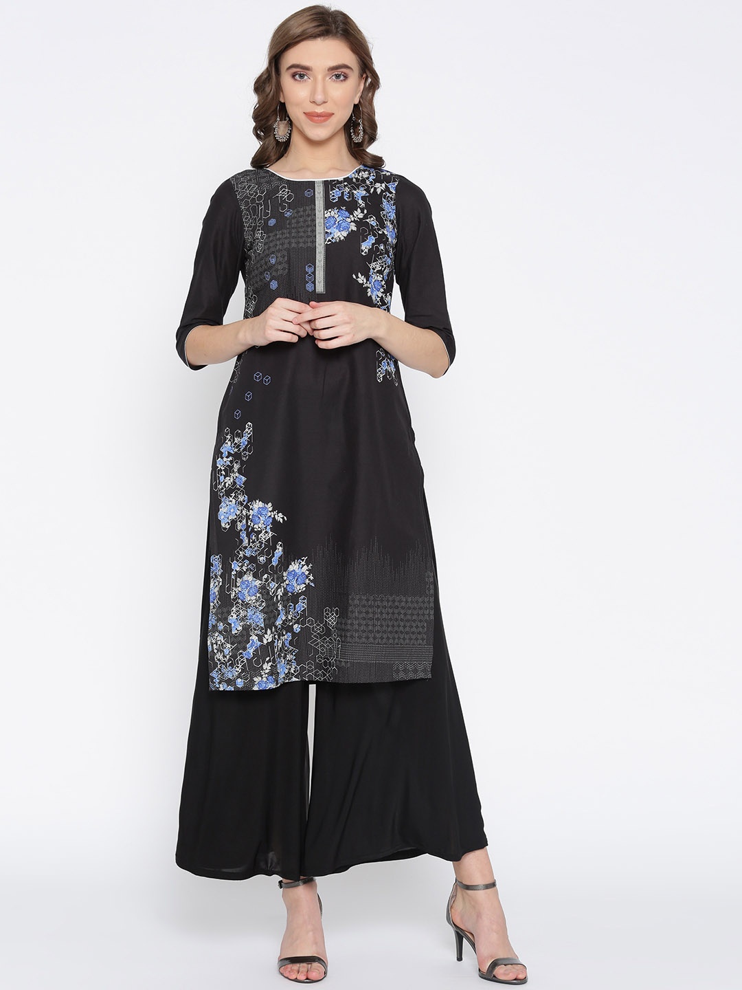 

AURELIA Women Black & Blue Floral Print Straight Kurta