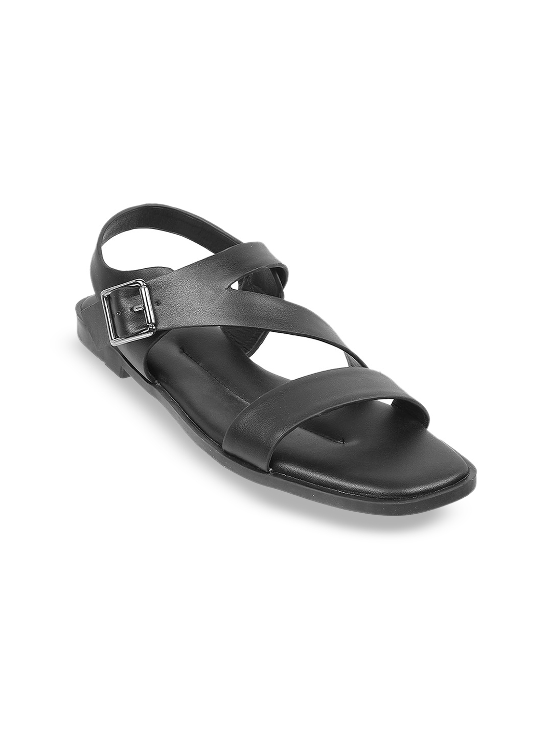 

Mochi Open Toe Flats With Buckles, Black