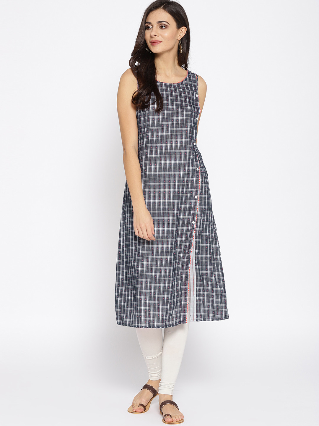 

AURELIA Women Navy Blue & White Checked A-Line Kurta