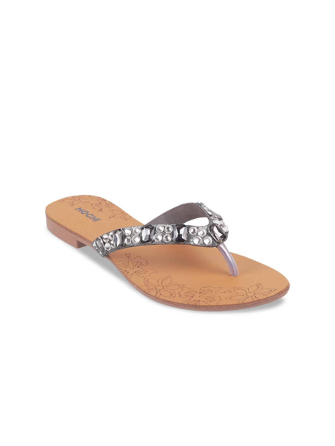 

Mochi Embellished T-Strap Flats, Grey