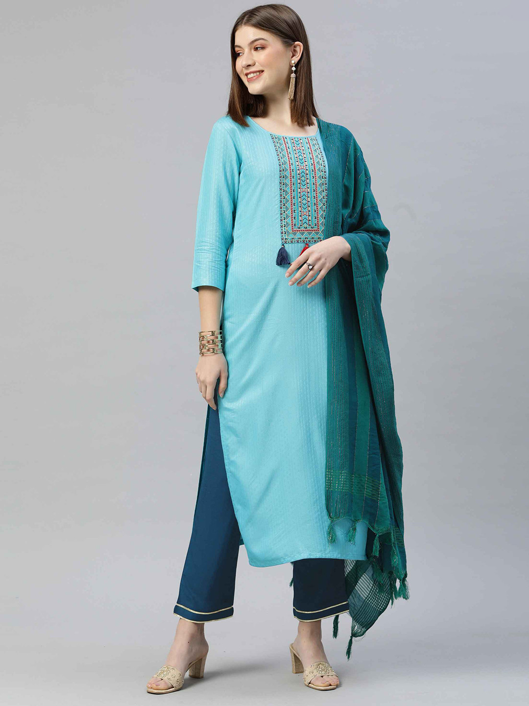 

Happy Design Ethnic Motifs Yoke Design Thread Work Sequined Kurta with Trousers & Dupatta, Turquoise blue