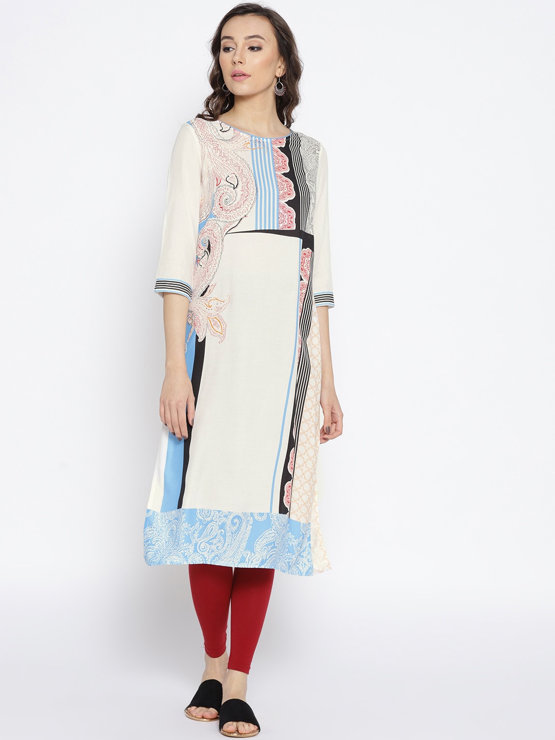 

AURELIA Women White & Blue Printed Straight Kurta