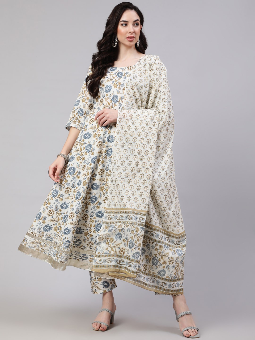 

Nayo Floral Printed Regular Pure Cotton Kurta with Trousers & Dupatta, Off white