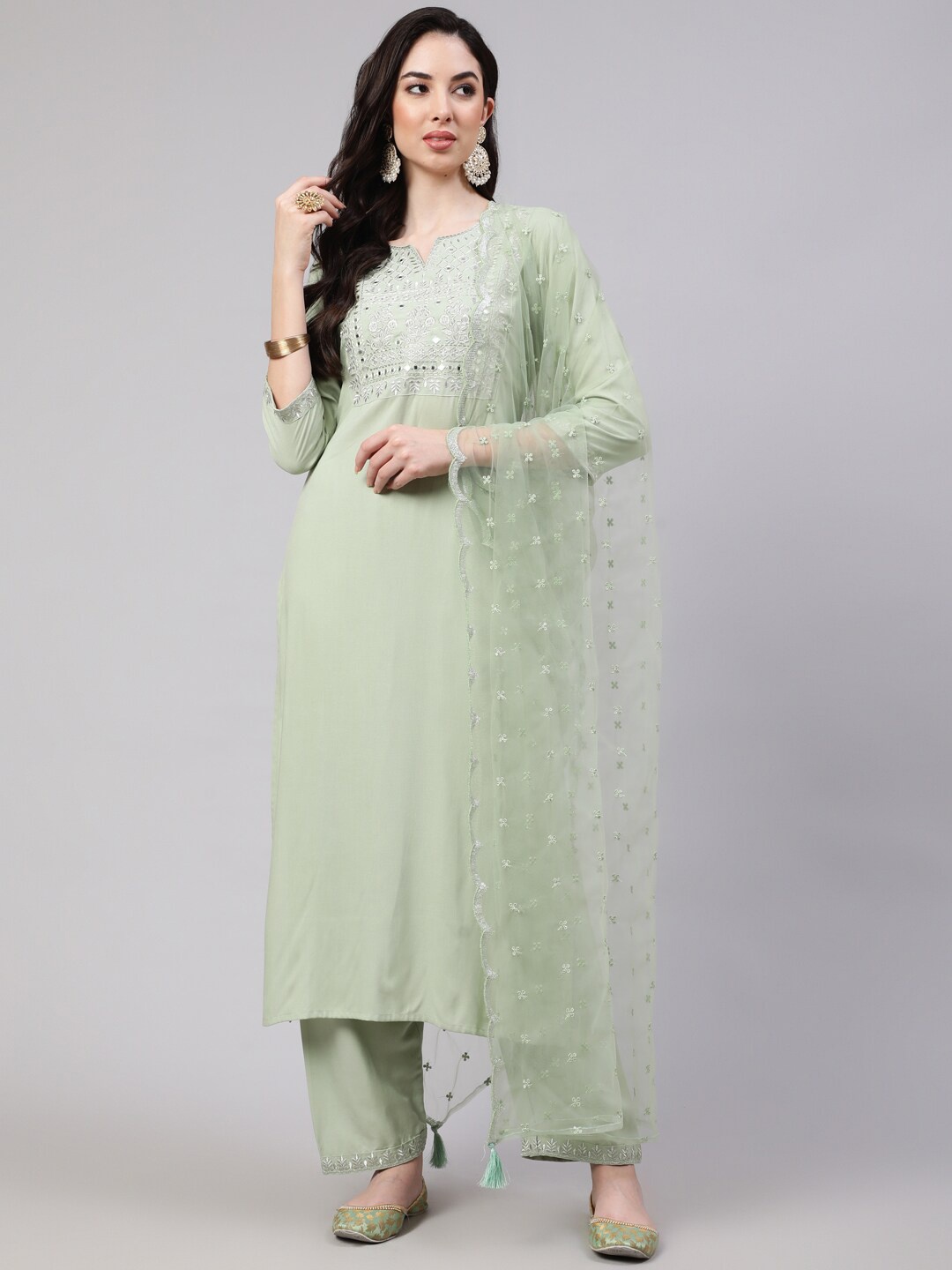 

Nayo Floral Embroidered Thread Work Kurta with Palazzos & Dupatta, Green