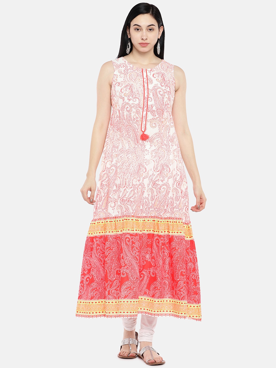 

AURELIA Women White & Red Printed Tiered A-Line Kurta