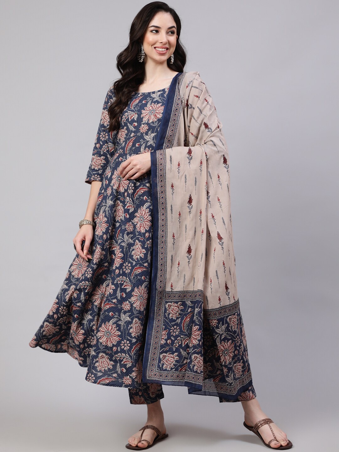 

Nayo Floral Printed Pure Cotton Kurta with Trousers & Dupatta, Blue