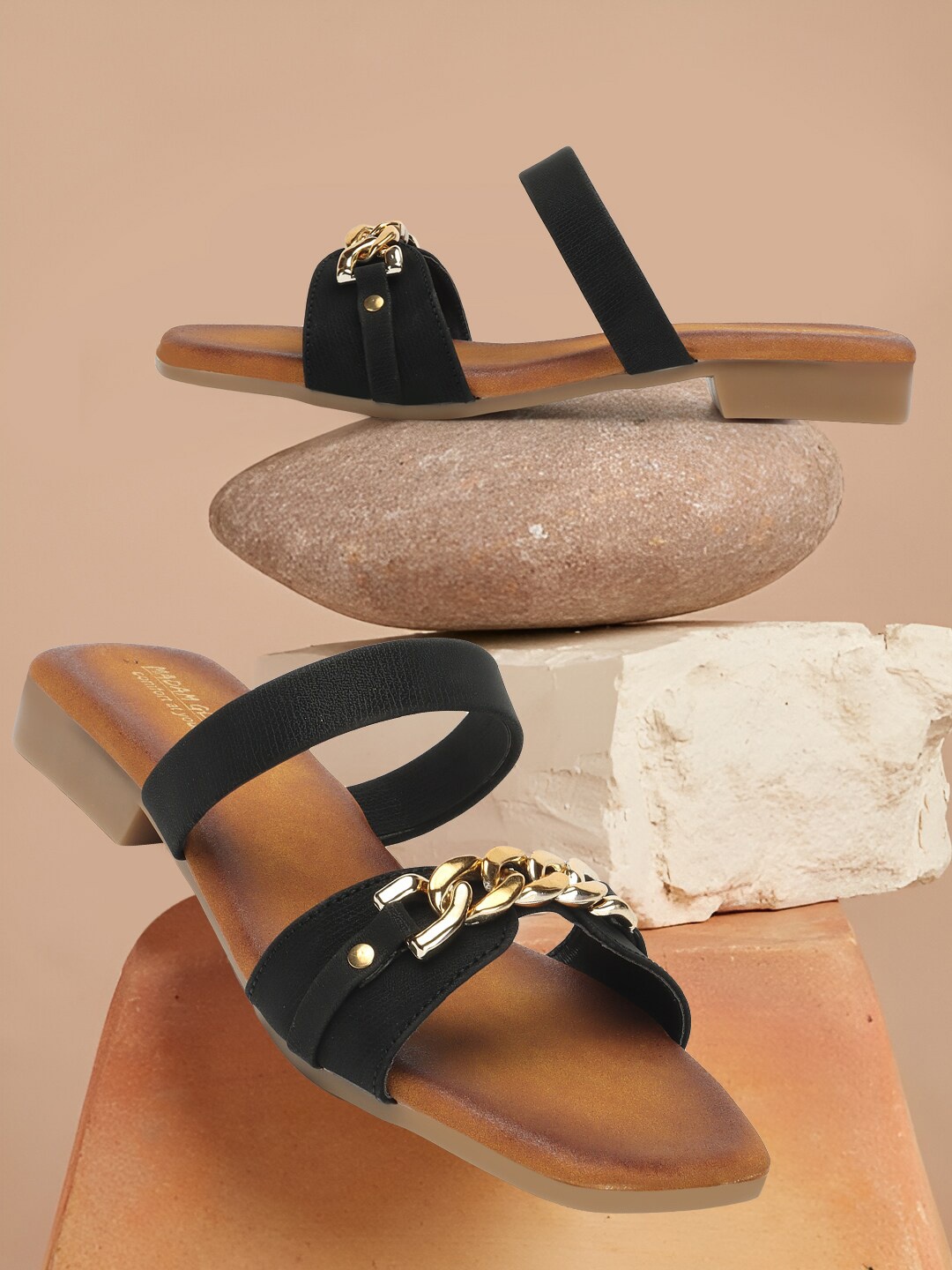 

madam glorious Embellished Open Toe Flats, Black