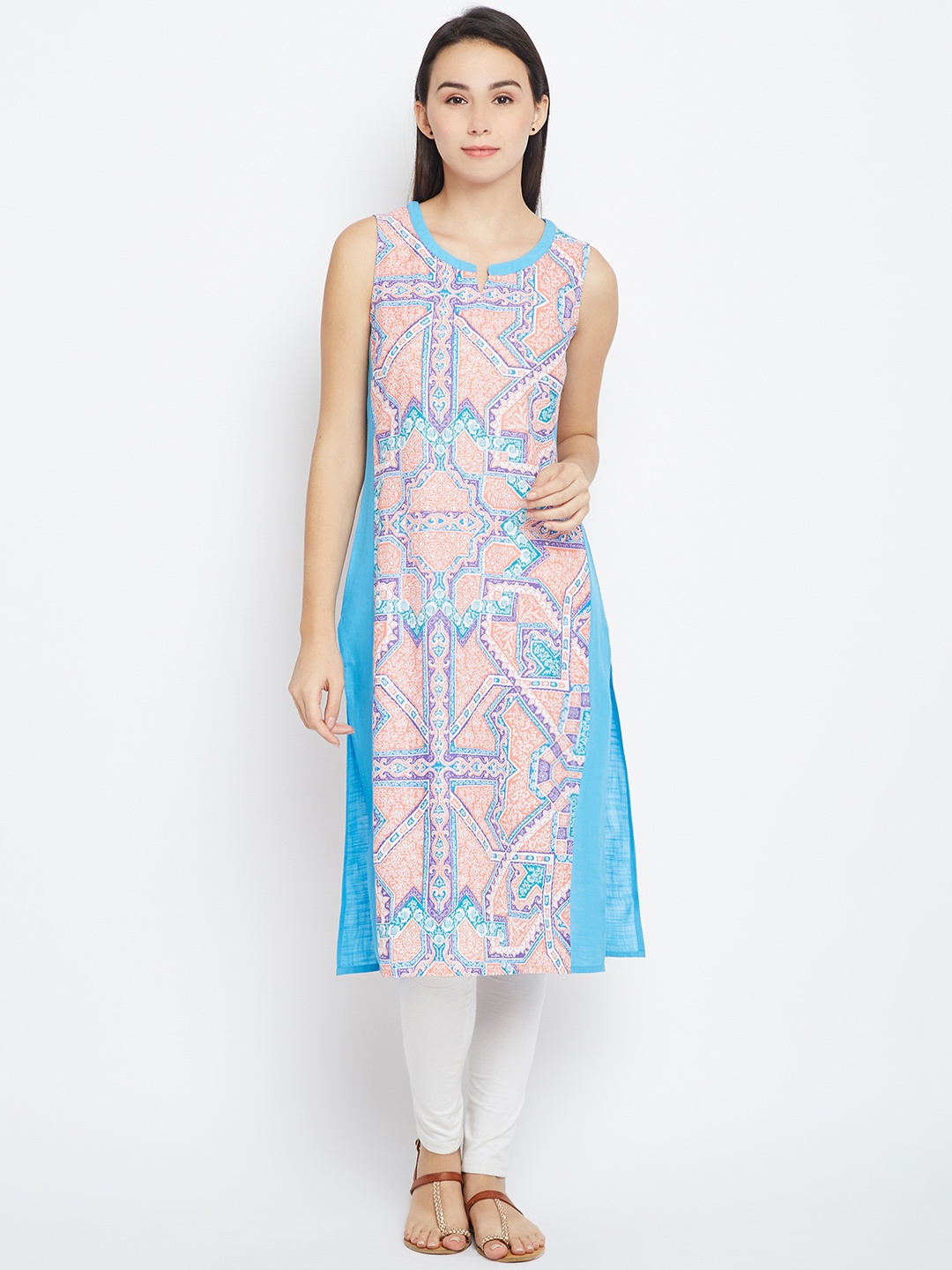 

AURELIA Women Peach-Coloured & Blue Printed Straight Kurta