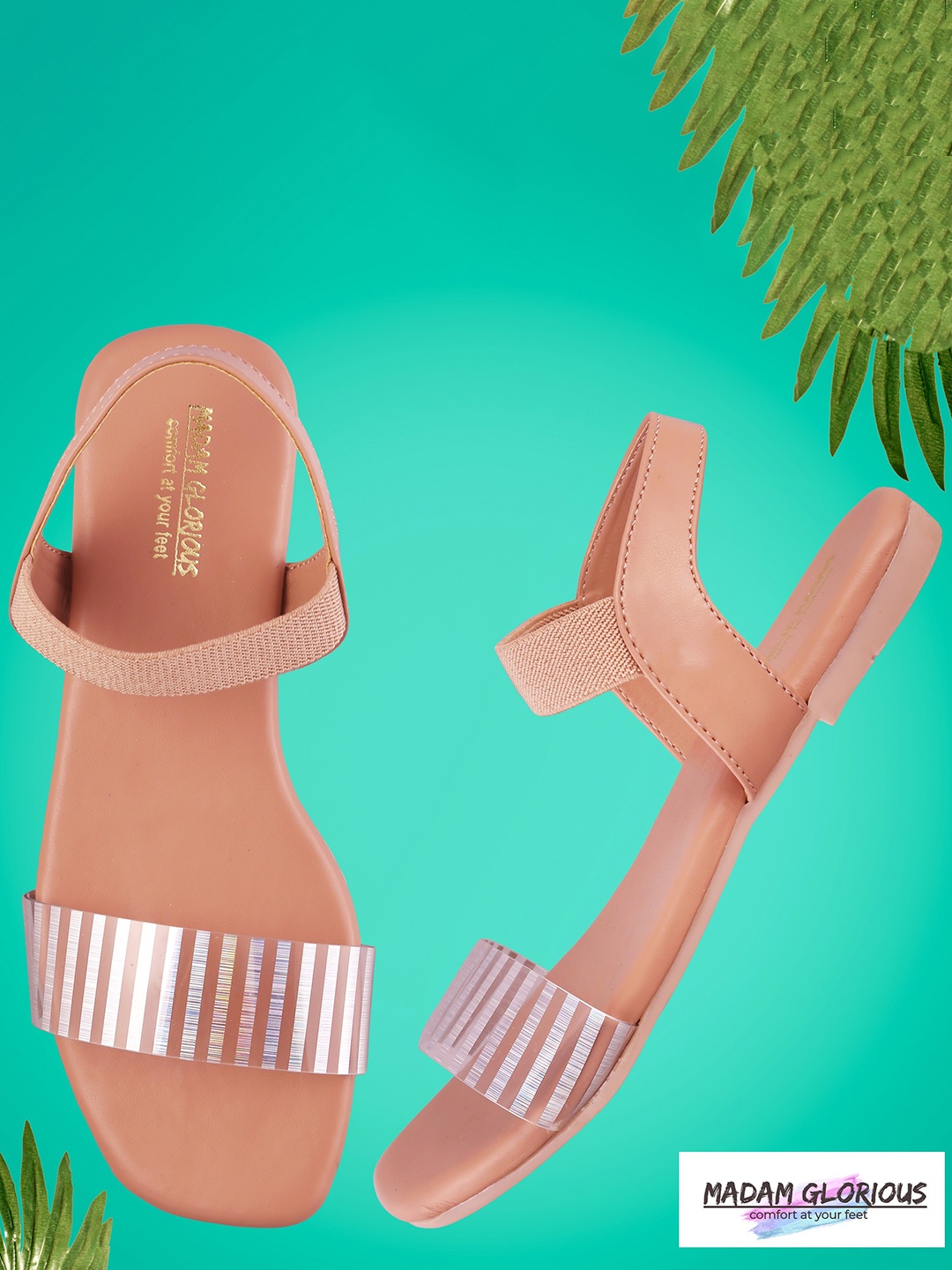 

madam glorious Striped Open Toe Flats With Backstrap, Peach