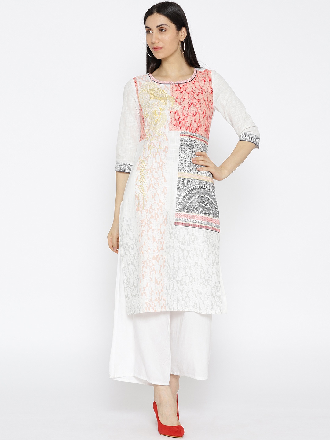 

AURELIA Women White & Peach-Coloured Printed Straight Kurta