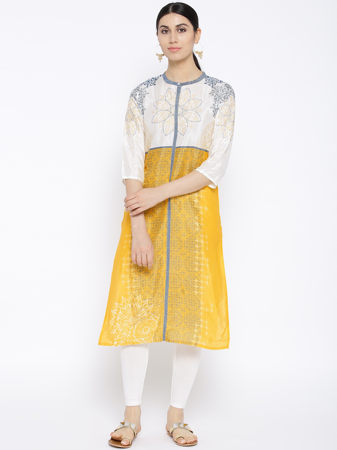 

AURELIA Women Yellow & Off-White Printed Straight Kurta