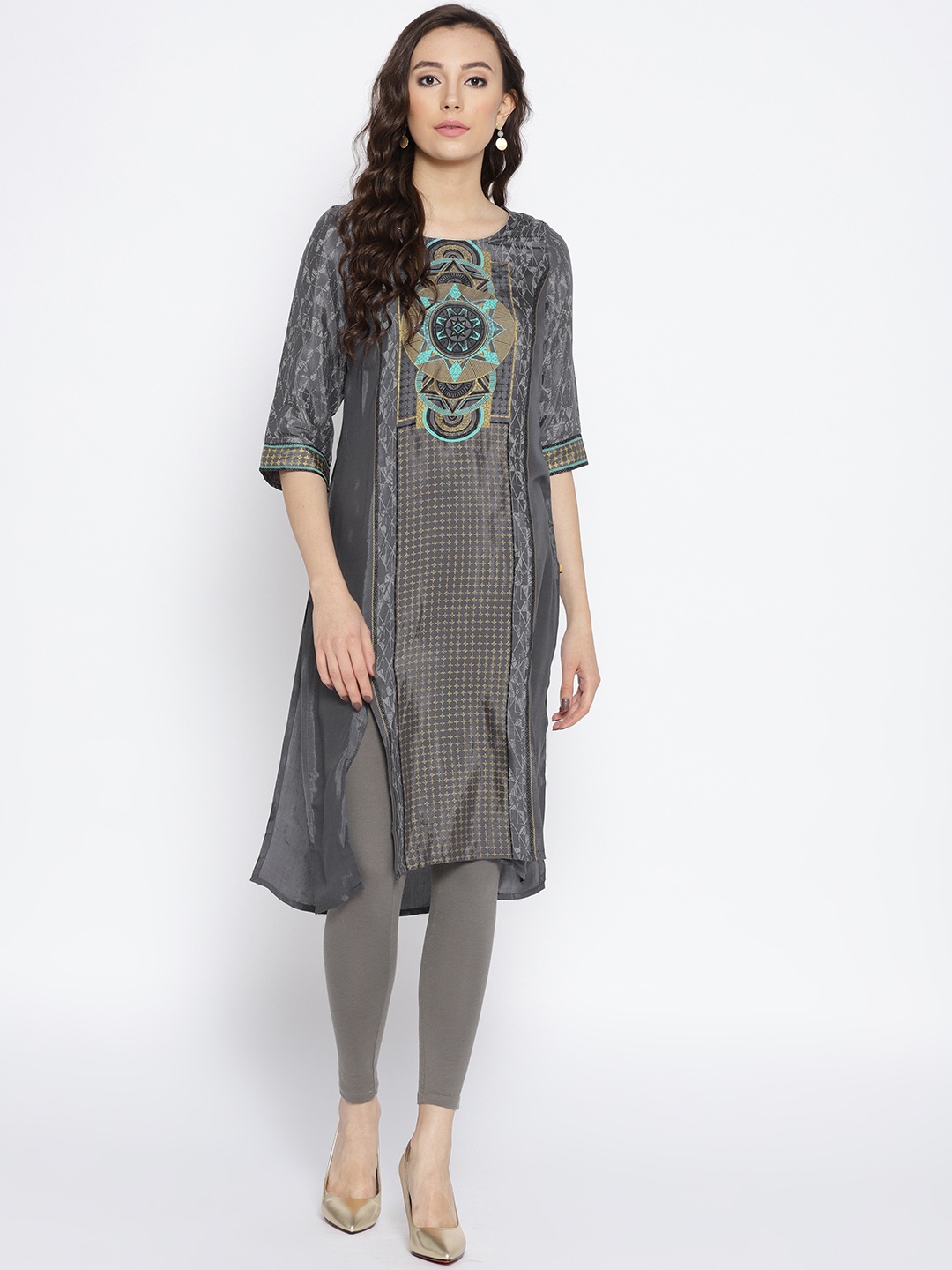 

AURELIA Women Charcoal Grey Printed Straight Kurta