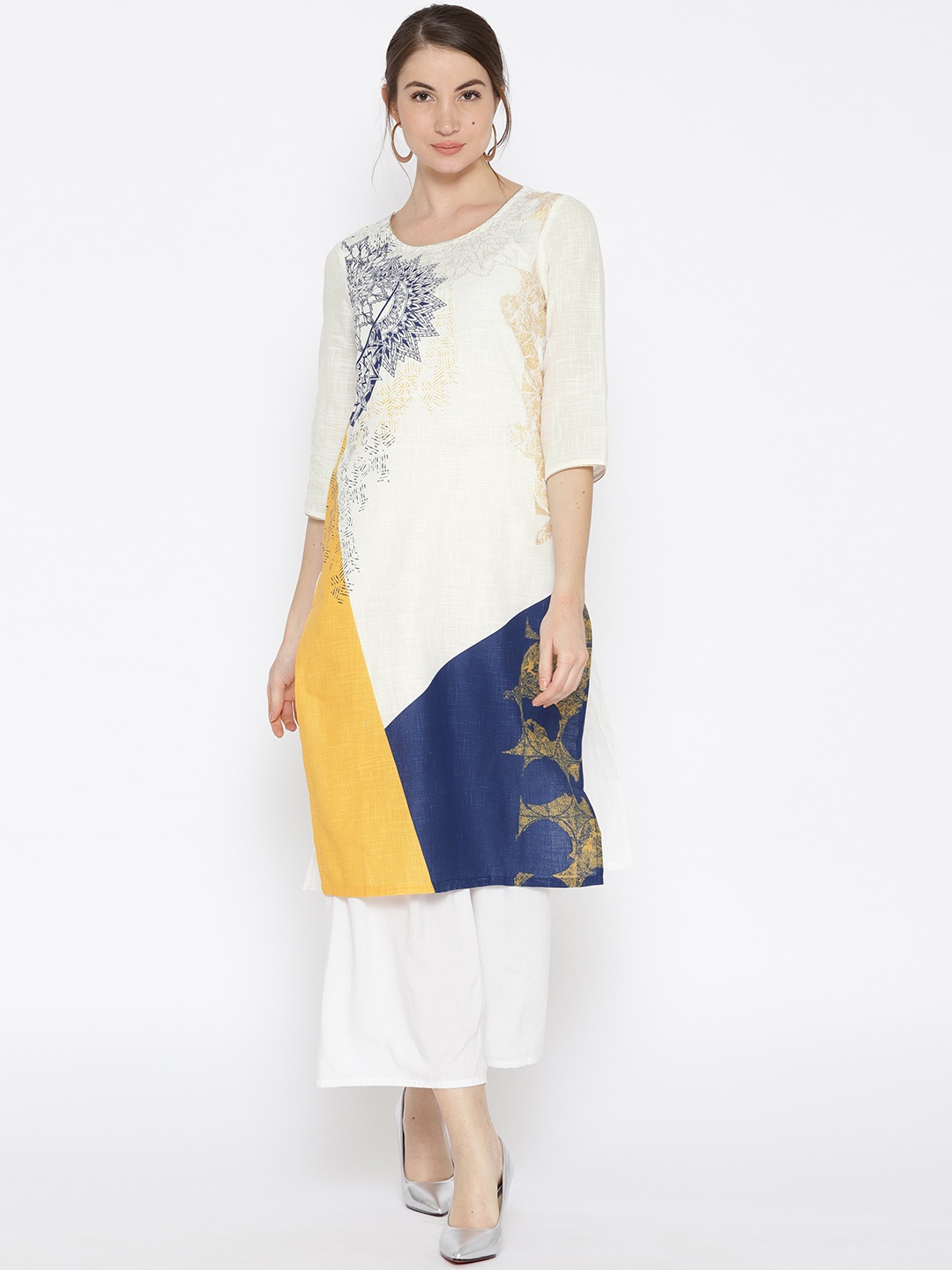 

AURELIA Women White & Navy Blue Printed Straight Kurta