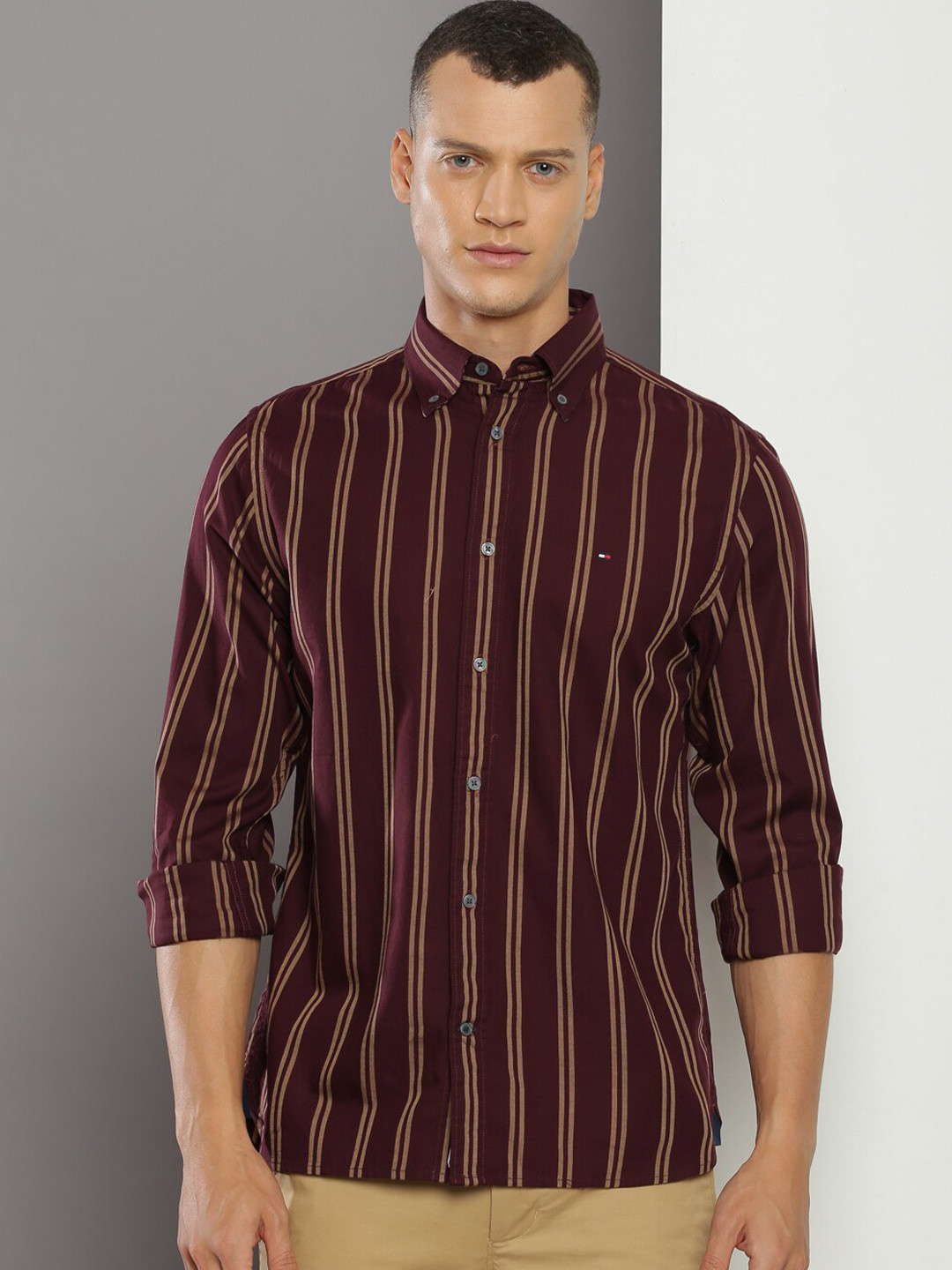 

Tommy Hilfiger Button-Down Collar Striped Casual Pure Cotton Shirt, Maroon