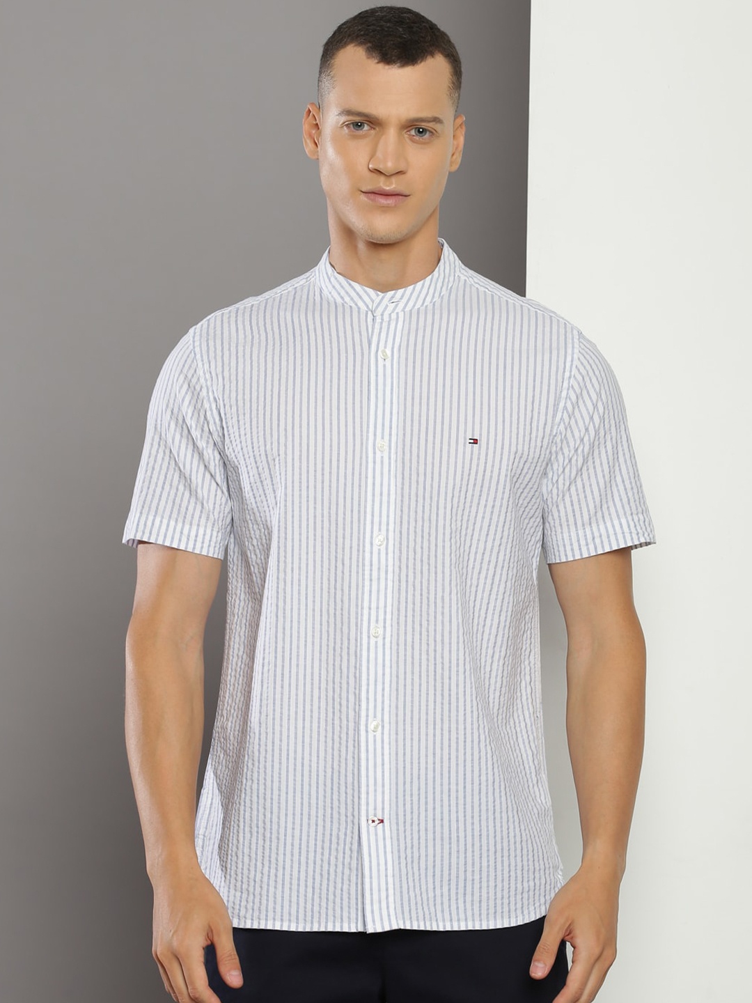 

Tommy Hilfiger Band Collar Short Sleeves Striped Casual Shirt, White
