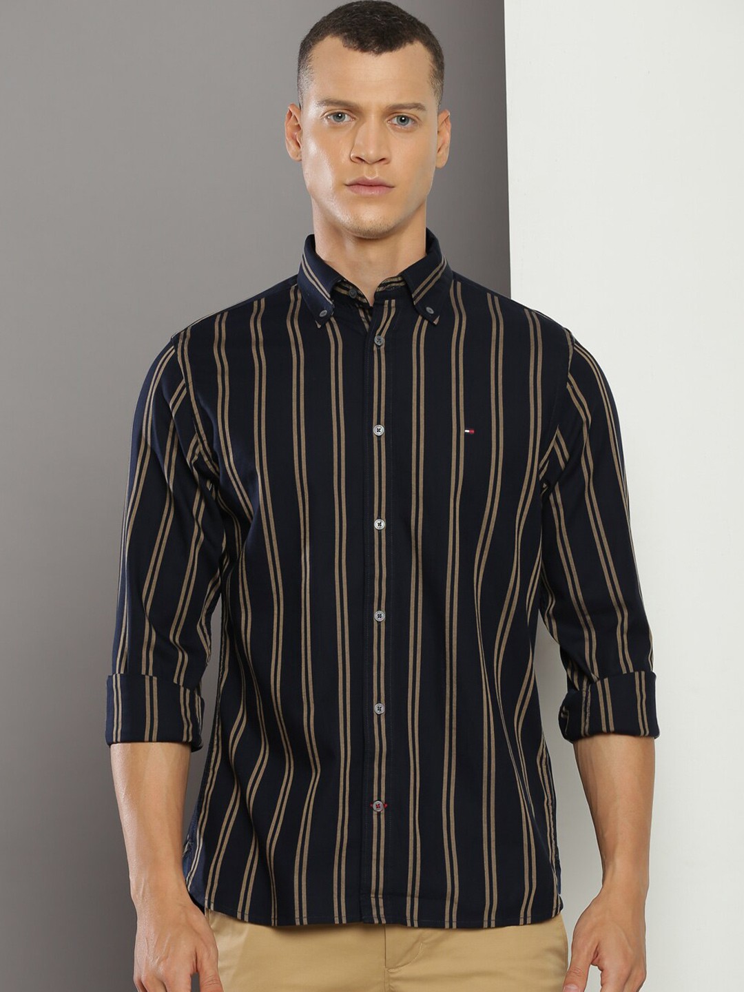 

Tommy Hilfiger Opaque Striped Button-Down Collar Cotton Casual Shirt, Blue