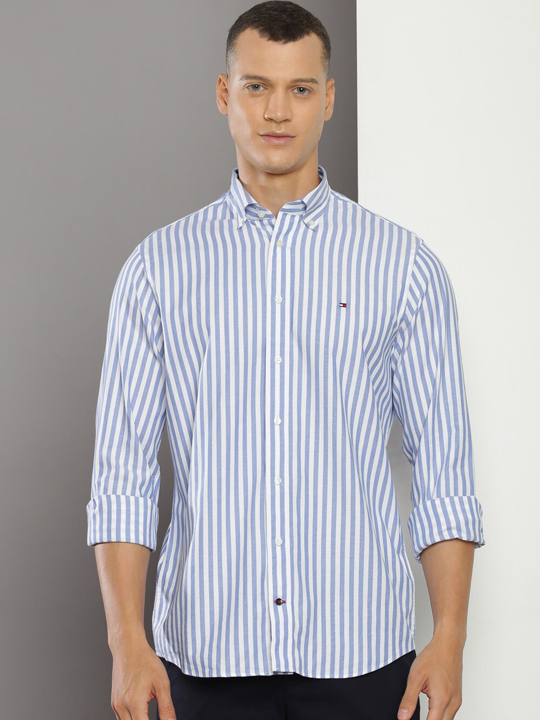 

Tommy Hilfiger Button-Down Collar Striped Casual Pure Cotton Shirt, Blue