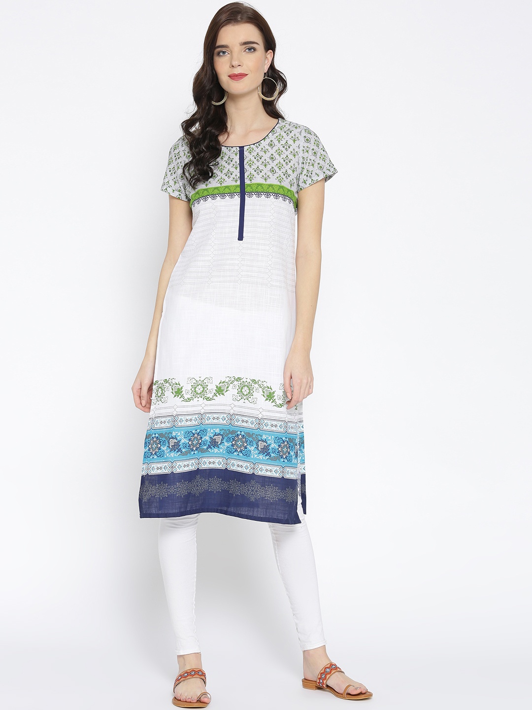 

AURELIA Women White & Green Printed Straight Kurta