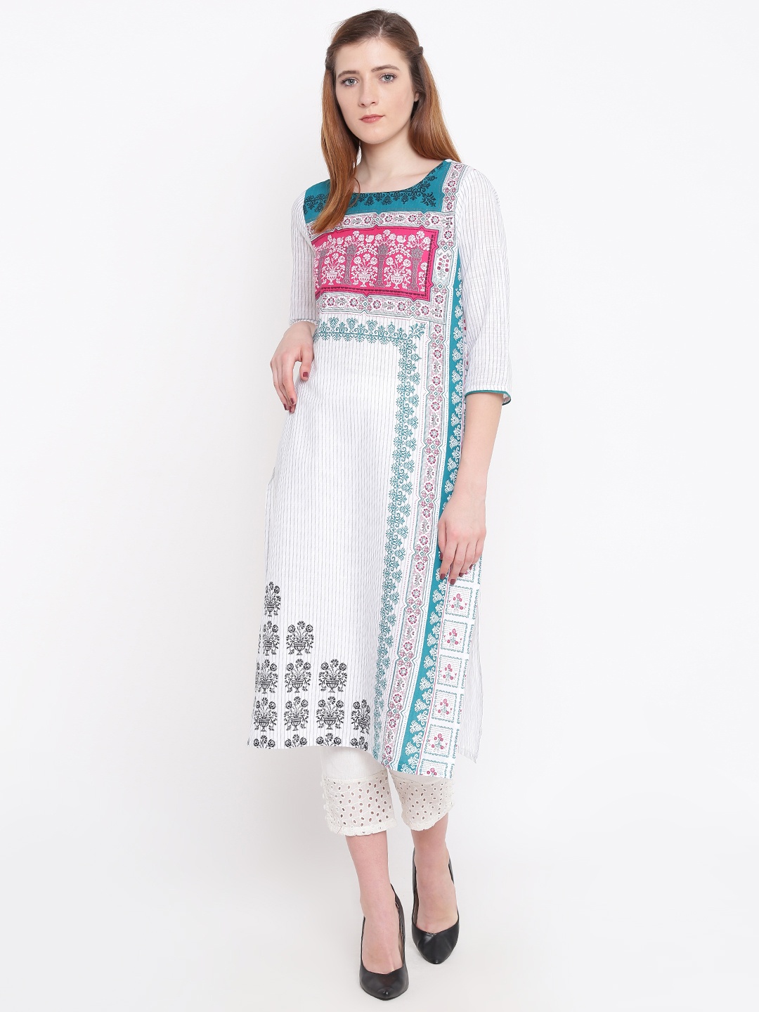 

AURELIA Women White & Green Printed Straight Kurta