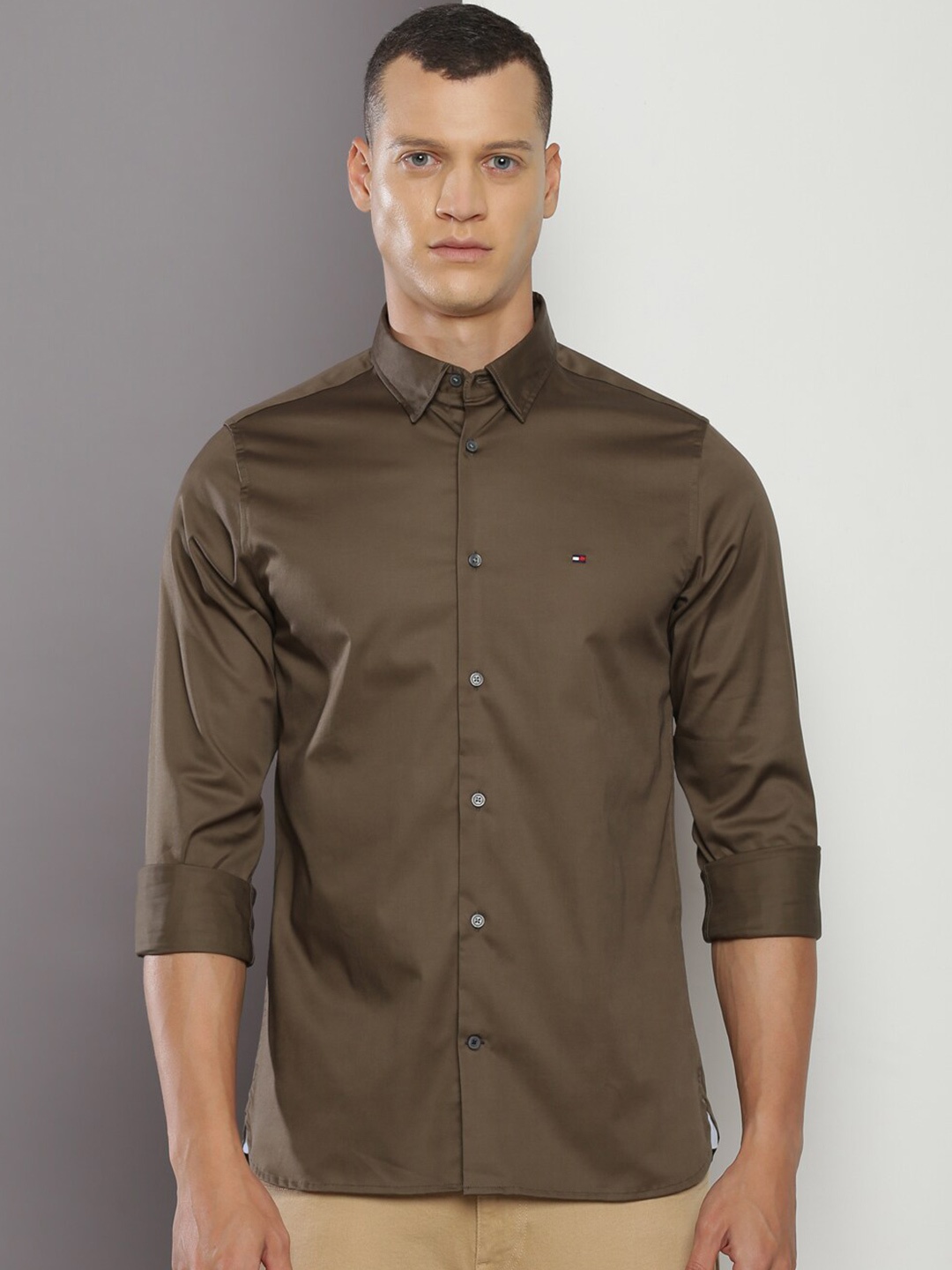 

Tommy Hilfiger Slim Fit Opaque Cutaway Collar Casual Shirt, Khaki