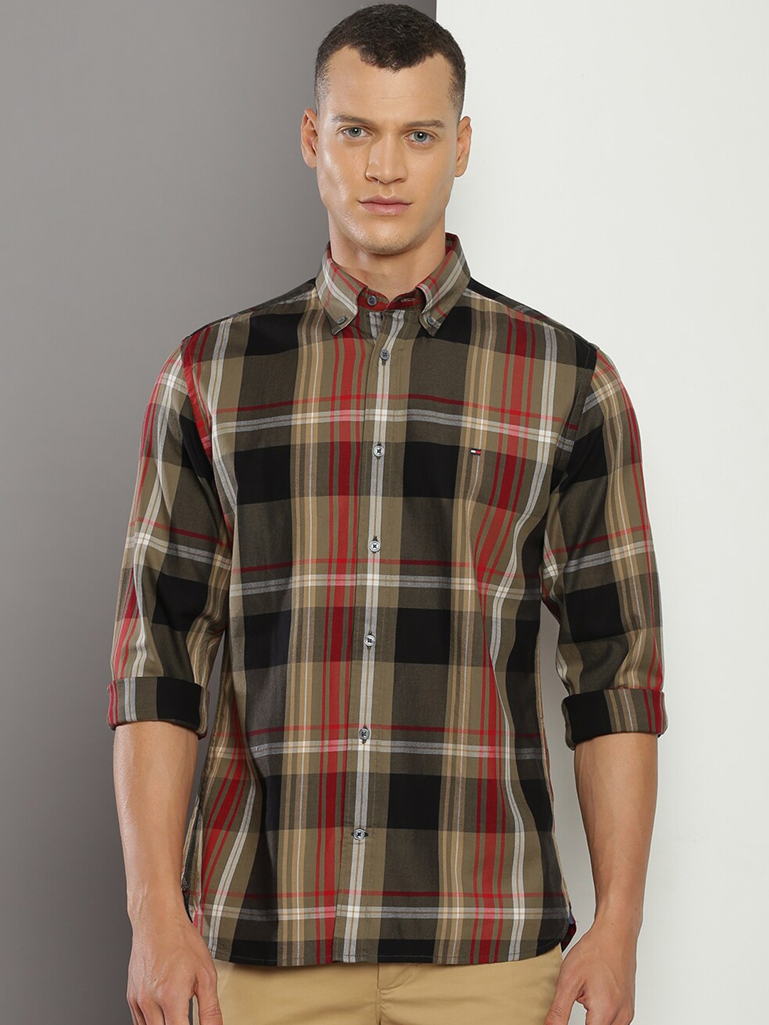 

Tommy Hilfiger Button-Down Collar Tartan Checked Casual Pure Cotton Shirt, Khaki